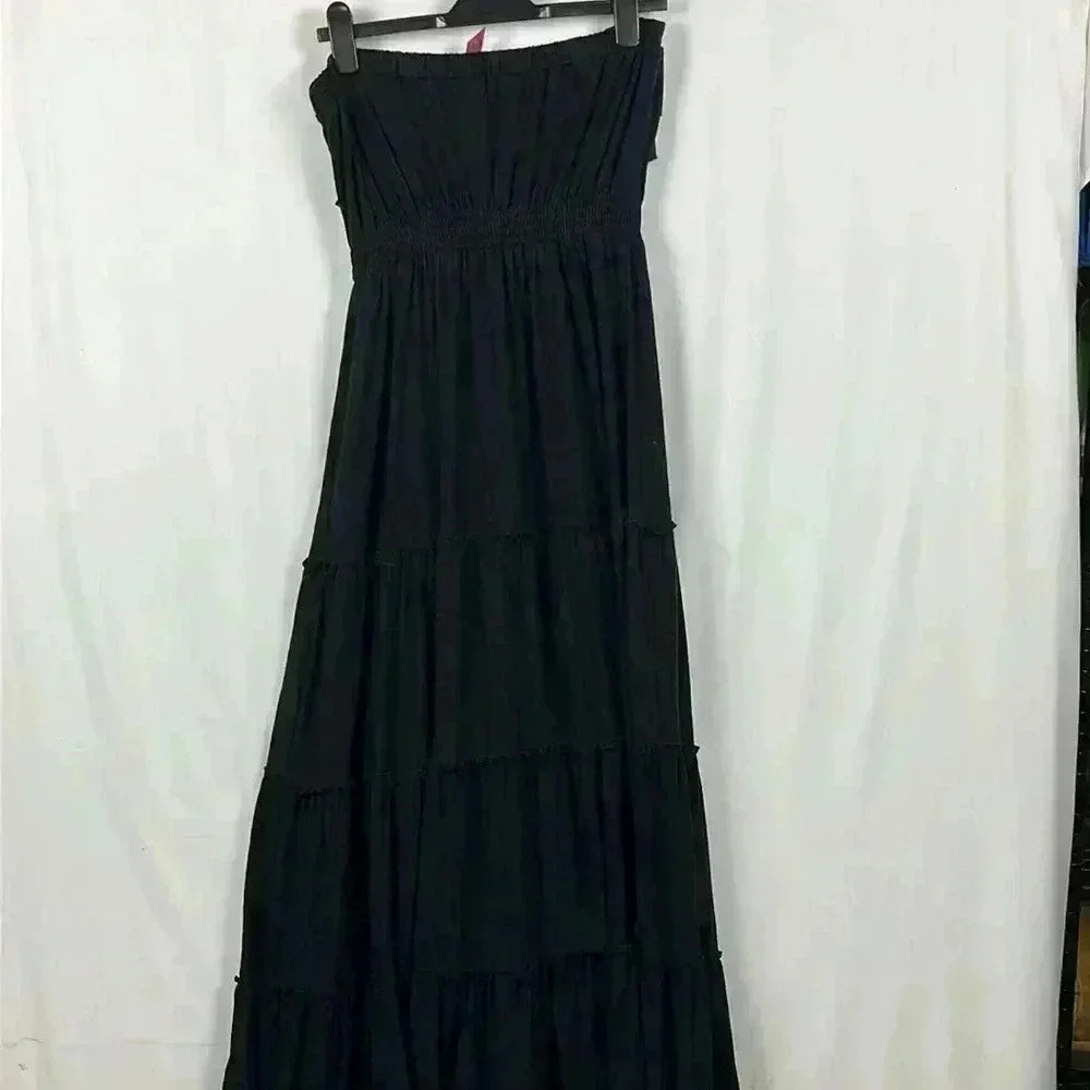 Pure Energy Women’s Black Tiered Maxi Dress Strapless Polyester Rayon Spandex 1